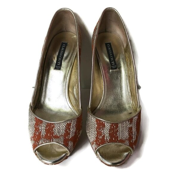 Claudia Ciuti Orange & Gold Platform Peeptoe Heels - Picture 2 of 5
